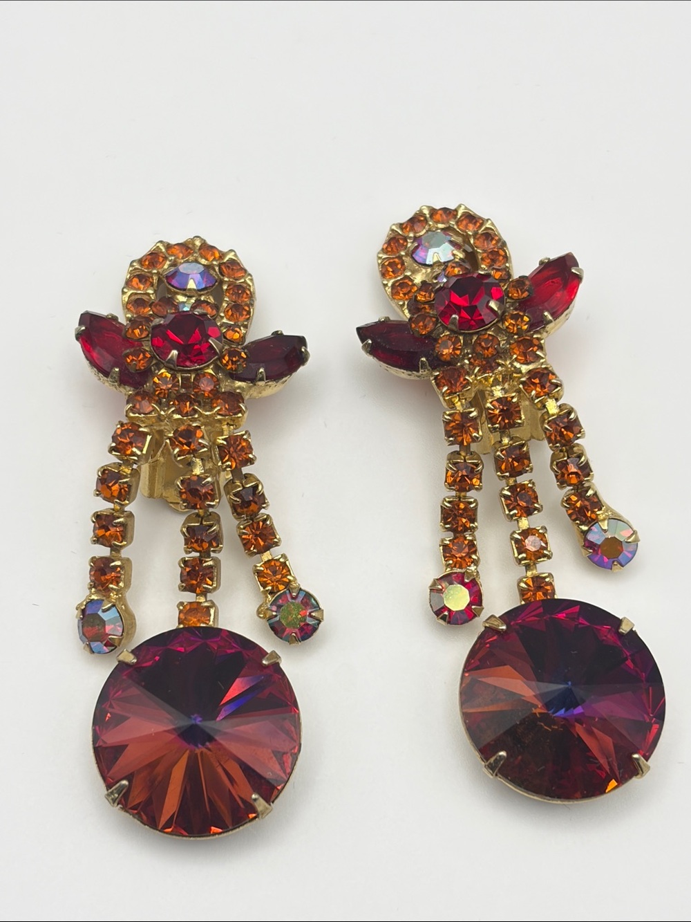 Vintage Orange/Red Aurora Borealis  Rainbow Rivioli Clip On Earrings